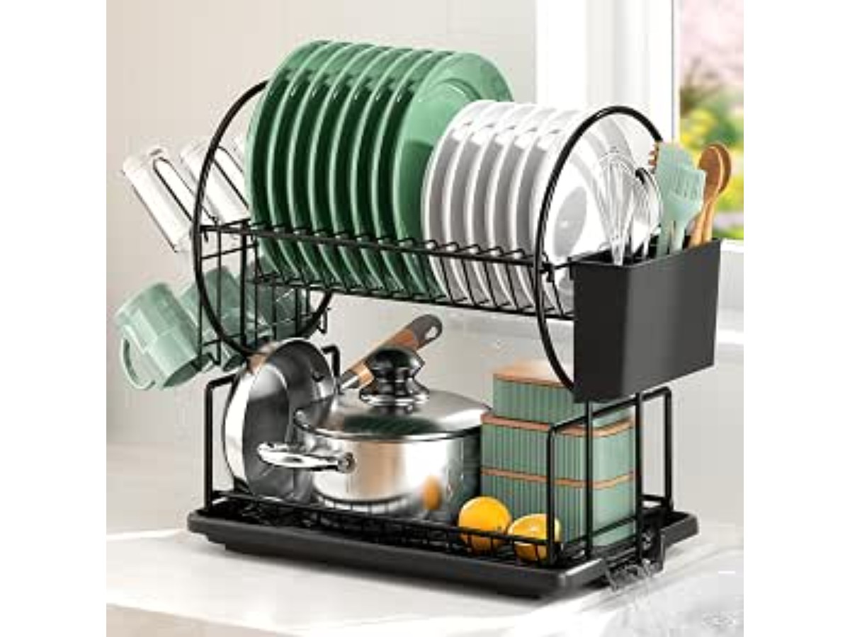 Niffgaff Kitchen Dish Drainer with 2 Levels, Utensil Holder and Drip Tray, Black