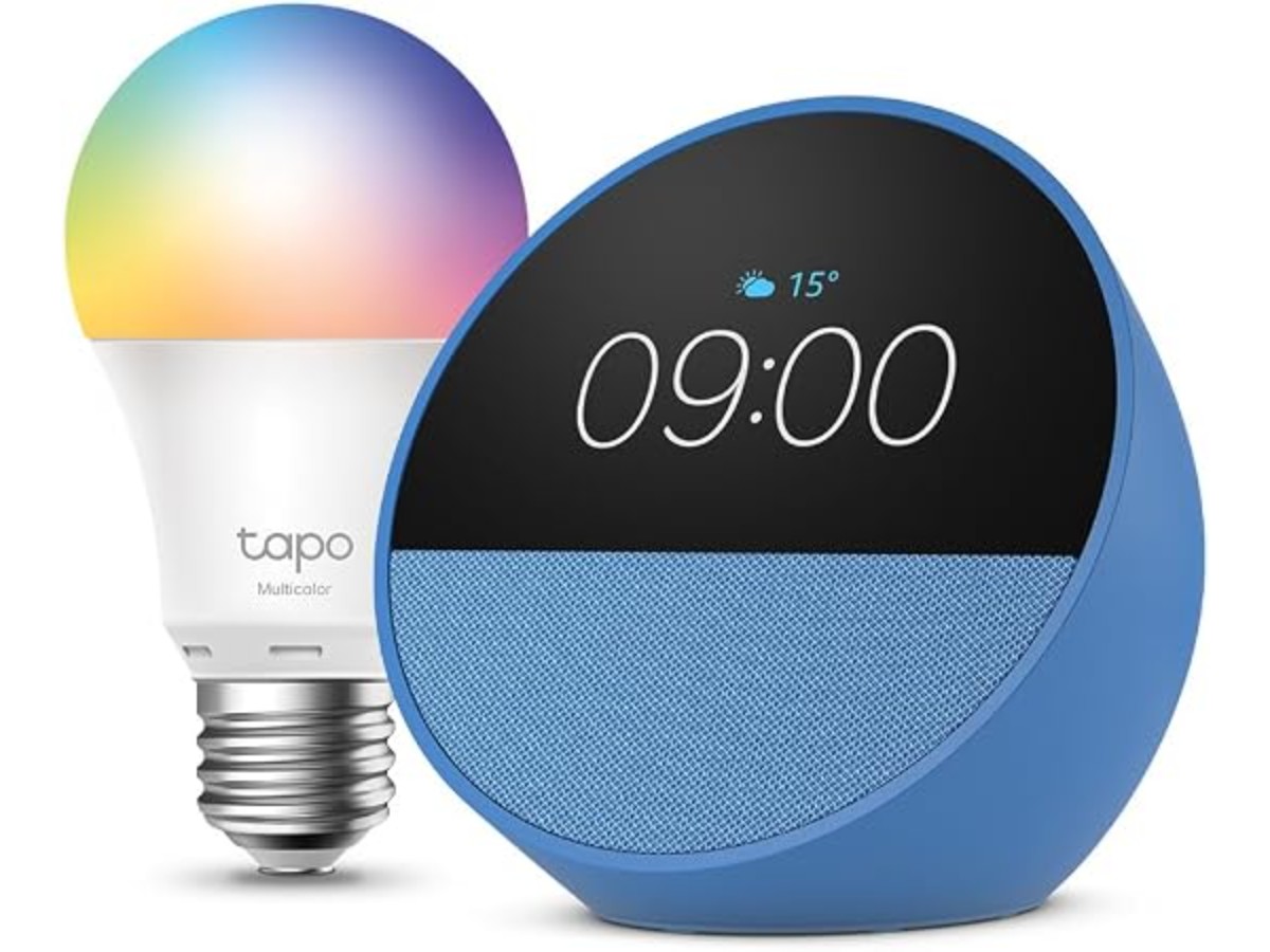 Echo Spot | Bleu + Tapo L530EA ampoule connectée LED (E27), Fonctionne avec Alexa - Kit de démarrage Maison connectée