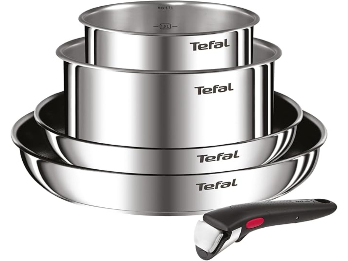 Tefal Ingenio L897S504 Set of 2 Frying Pans 2 Saucepans and Removable Handle, Induction, Stainless Steel, Stackable, Non-Stick Coating, Dishwasher Safe, 5 Year Warrant