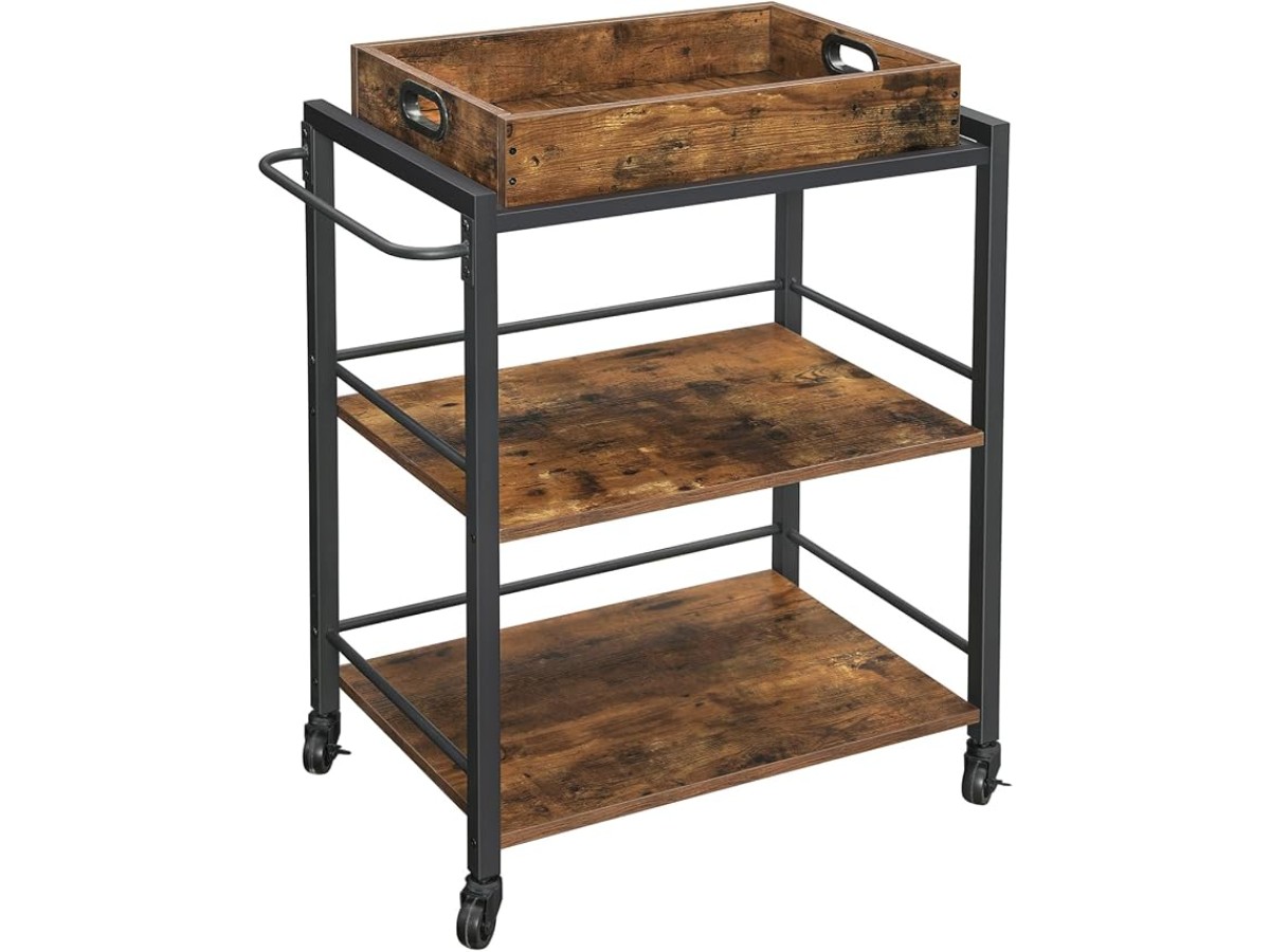 VASAGLE Desserte de Style Industriel, Chariot de Cuisine, avec Plateau Amovible, avec Pieds RÉglables et roulettes, ÉtagÈre, Cadre en Acier, 40 x 72 x 86 cm, Marron Rustique et Noir LRC72X