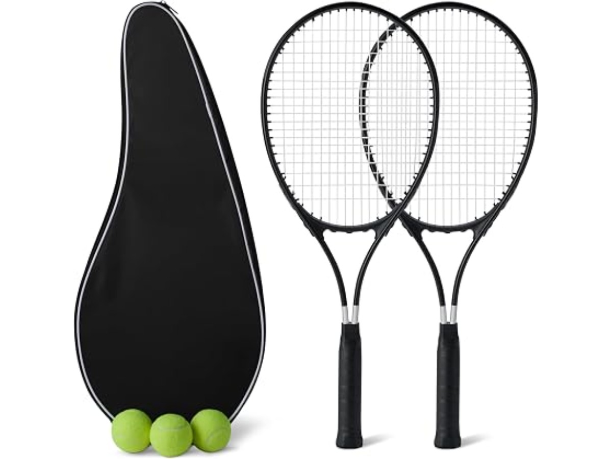 Amazon Basics Lot de 2 raquettes de tennis pour adulte 68.5 cm ,3 Balles et 2 surgrips, Noir