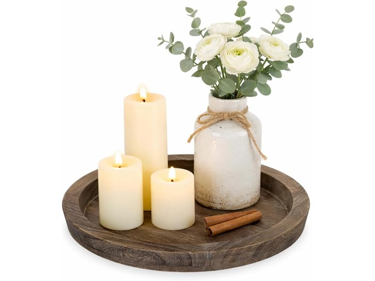 Hanobe Round Wooden Candle Holder Trays for Coffee Table, Distressed Finish