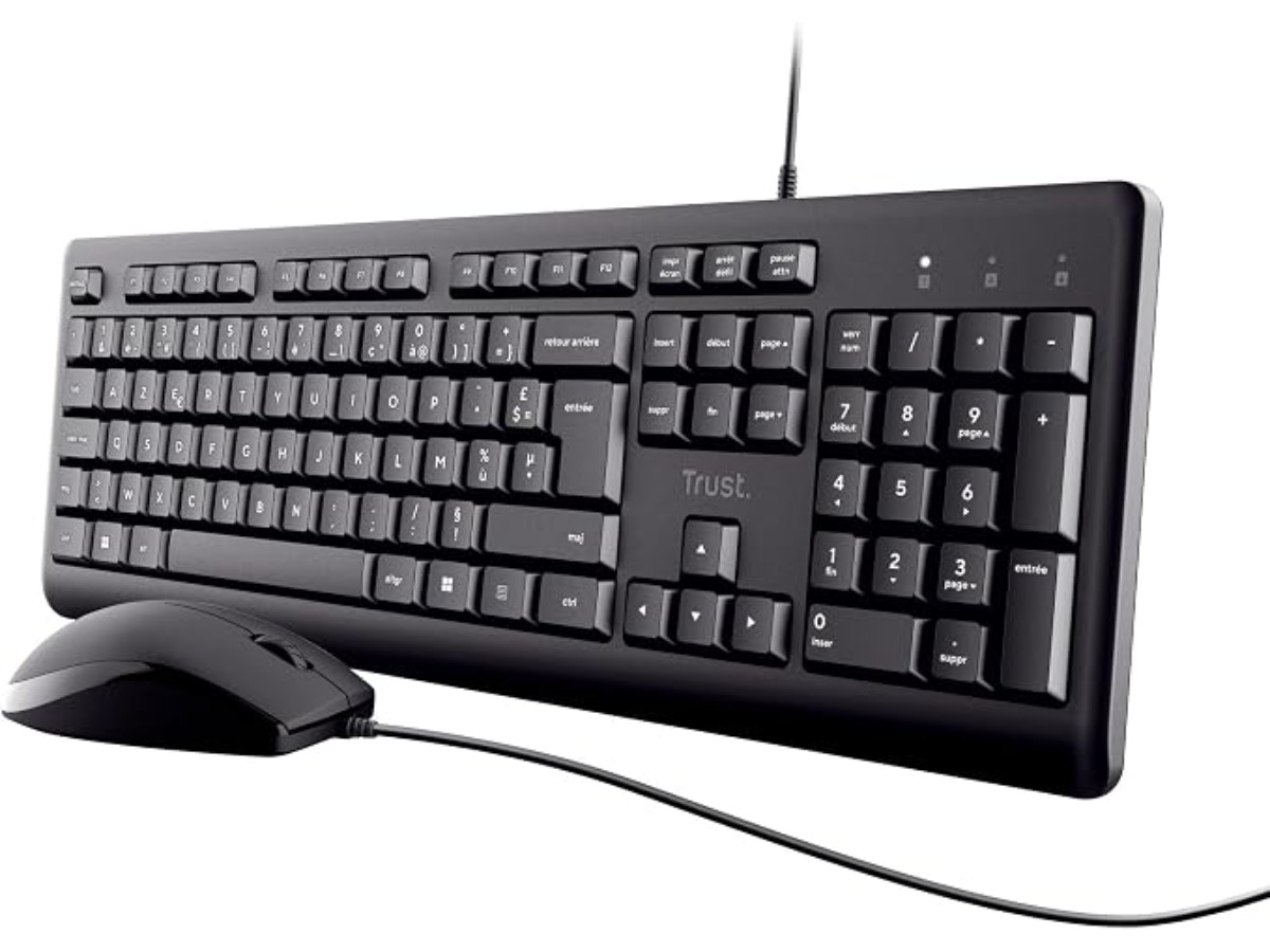 Trust Taro Pack Clavier et Souris Filaires - Clavier AZERTY Français, Résistant aux Éclaboussures, Silencieux, Câble USB de 1.8 m, Clavier PC, Portable, Ordinateur, Windows, Mac OS - Noir