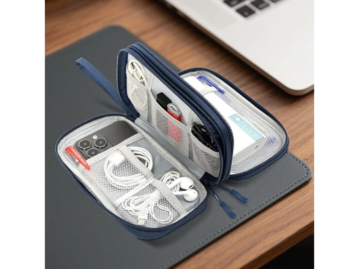 Travel Organizer for Electronic Accessories, Waterproof Double Layer Storage Bag, Large Protective Cable Tidy Cover, Navy Blue, Casual
