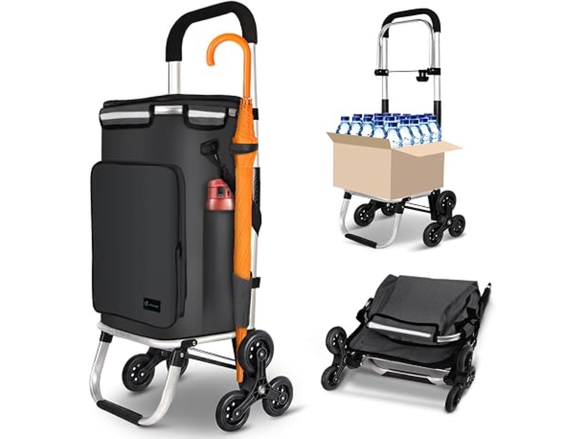 VOUNOT Shopping Trolley with 6 Aluminium Wheels with Waterproof Insulated Compartment and Hooks, Foldable Shopping Trolley 3 in 1 Large Capacity Trolley Upright Stairs Black