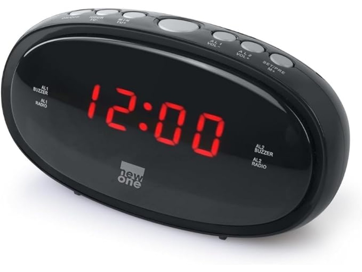 New One CR-100 Radio-Réveil avec Grand Écran LED | Double Alarme, Fonction Répétition, Radio FM, Luminosité Réglable, Alimentation Secteur + Sauvegarde Piles