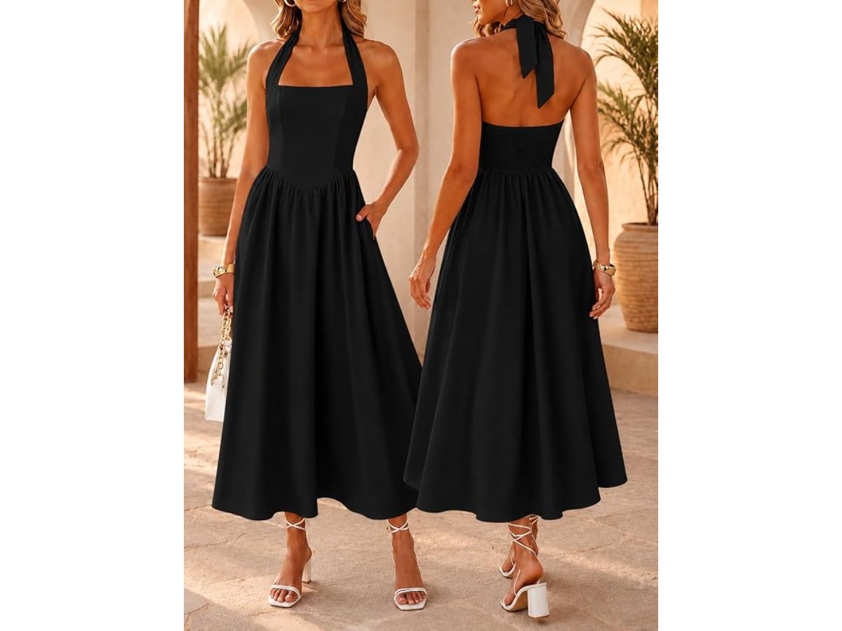 Women's Backless Long Dress, Backless, Square Neck, Sleeveless, A-line Summer Dress with Pockets for Vacation, Beach and Party