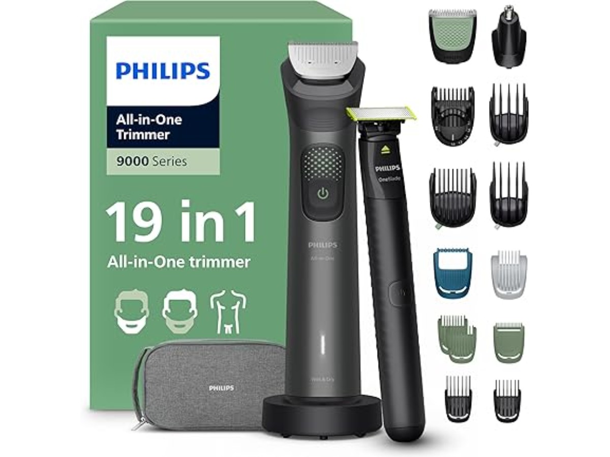 Philips Multigroom 9000 Series All-in-One Trimmer 19 Accessories + OneBlade Men's Razor - Beard Hair & Body Trimmer Set, 27 Cutting Heights (0.2-20mm), MG9556/15