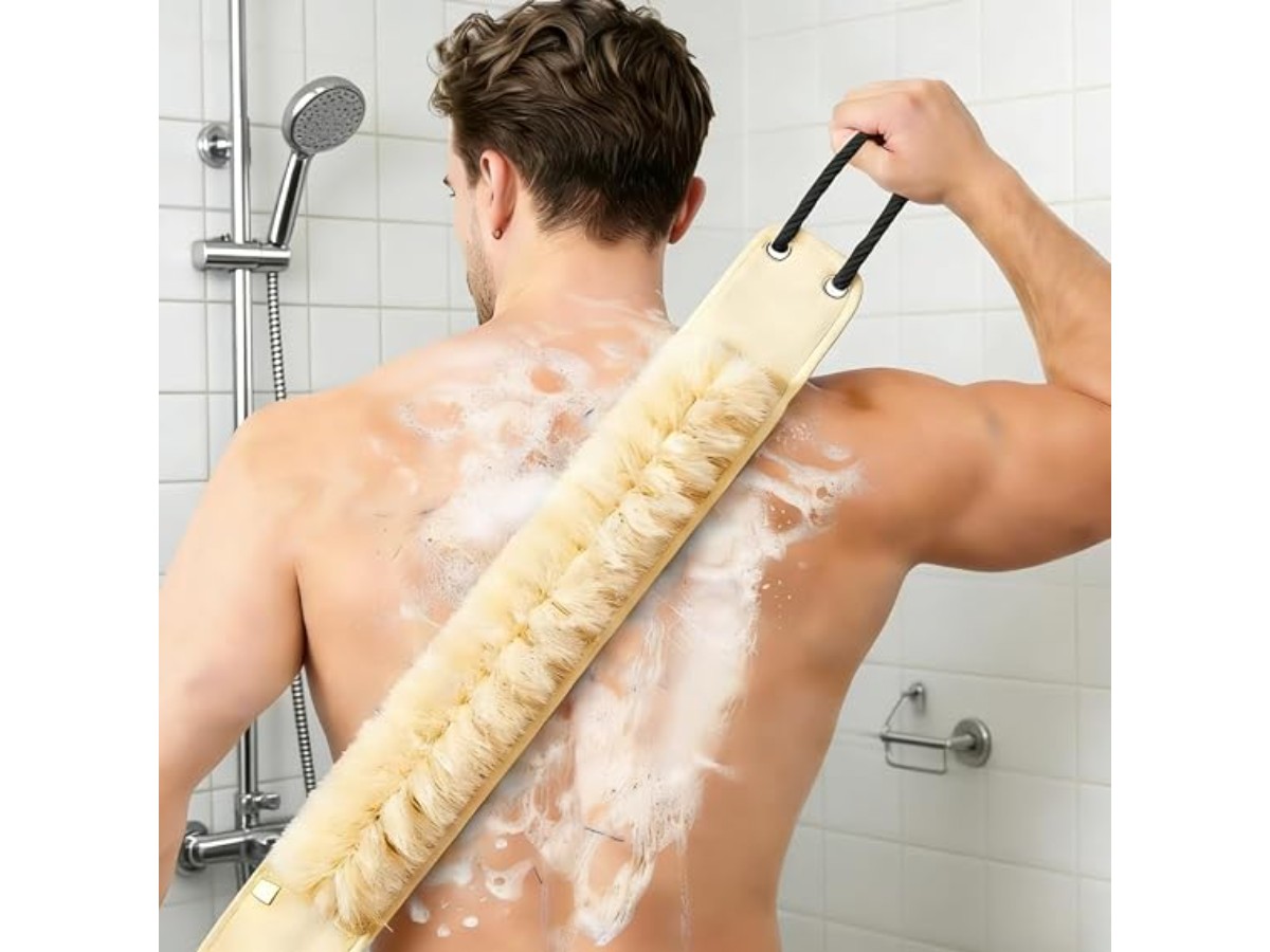 1 x Exfoliating Bath Towel 2 in 1 Bath Puff, Long Handle Back Brush, Double Sided Deep Cleaning Shower Tool for Men and Women, (Skin)