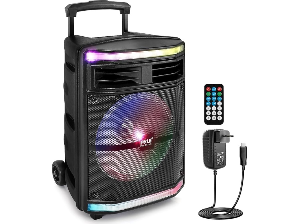 Portable Bluetooth PA Speaker System - 600W Bluetooth Speaker Portable PA System w/ Rechargeable Battery 1/4" Microphone In, Party Lights, MP3/USB SD Card Reader, Rolling Wheels