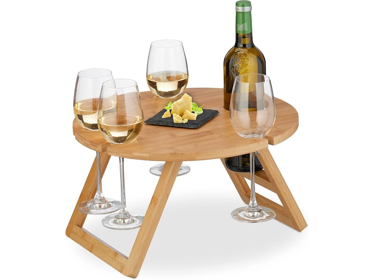Relaxdays Mini-Table portative Ronde Pliante, HxD : 22x39 cm, encoches pour 4 Verres de vin 1 Bouteille, Bambou, Nature