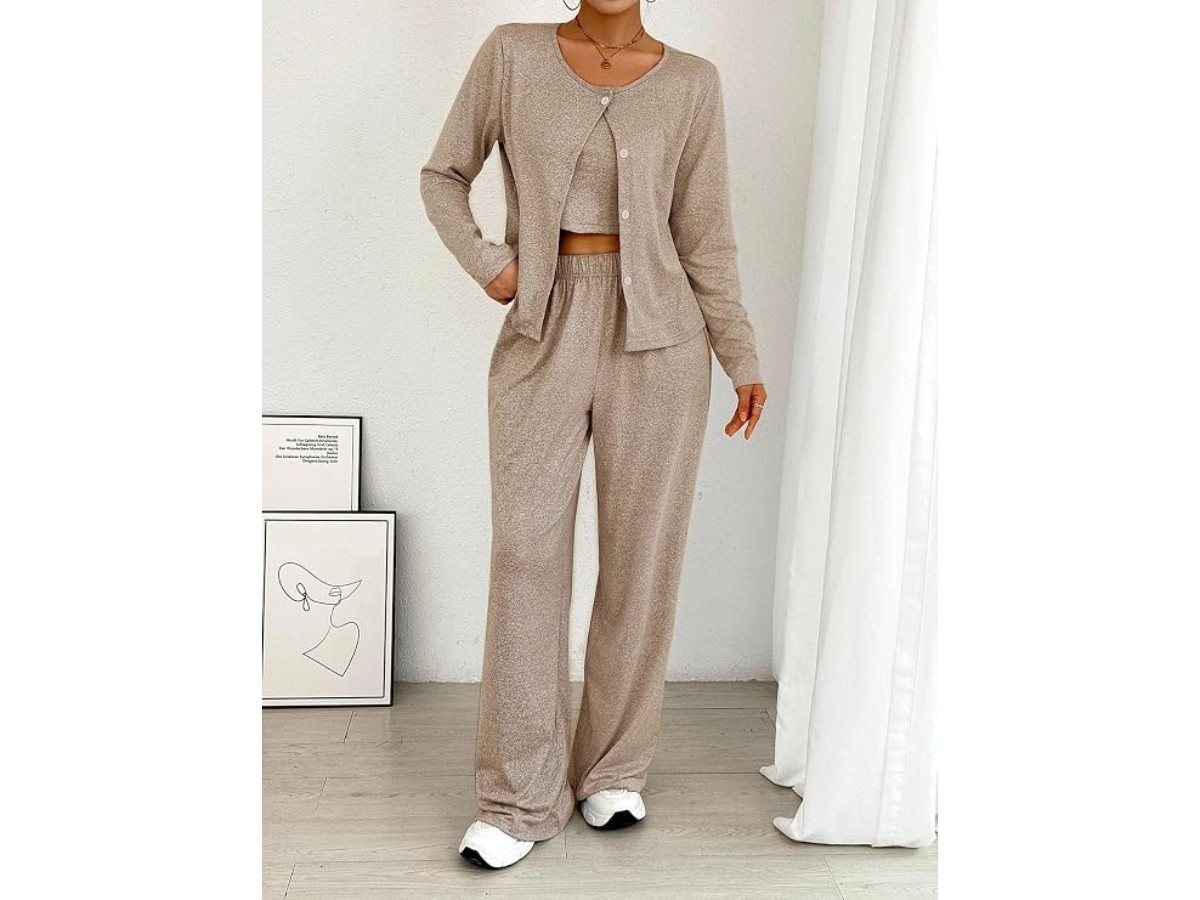 Women's 3 Piece Loungewear Set, Elegant Autumn Winter Outfits with Jacket, Long Pants and Tank Top, Comfortable Sleepwear