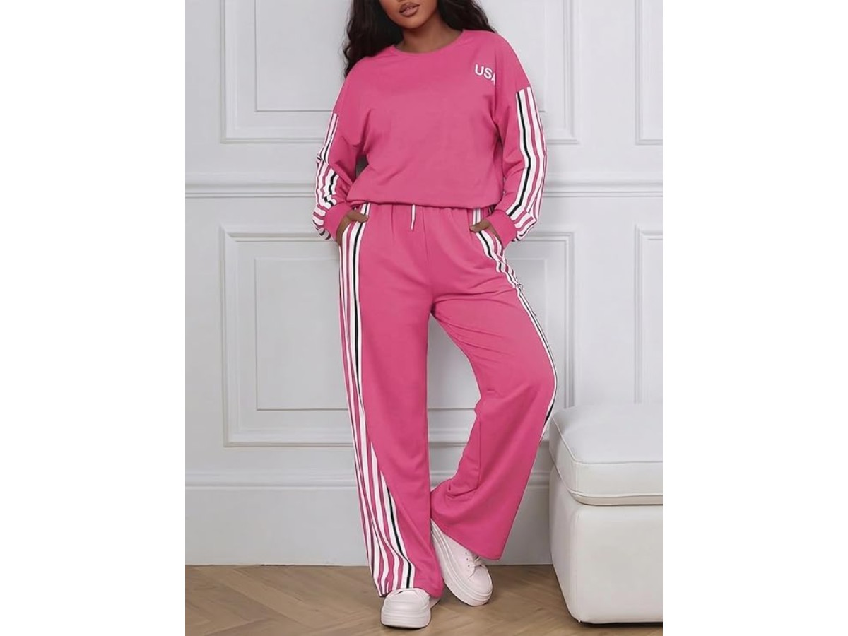 Women's Tracksuit 2 Piece Sweatsuit Contrast Stripe Wide Leg Pants Travel Outfits