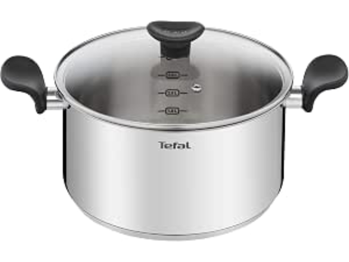 Tefal Primary E3084604 Cooking Pot 24 cm (5 L) + Glass Lid, Induction, High Quality Stainless Steel, 10-Year Warranty, Recipe Book