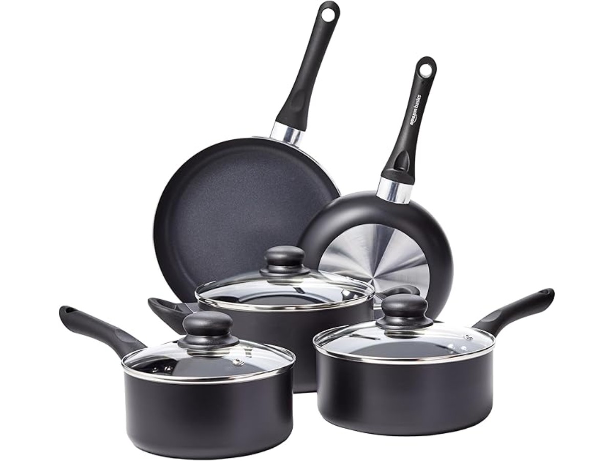 Amazon Basics 8-Piece Non-Stick Cookware Set, Black